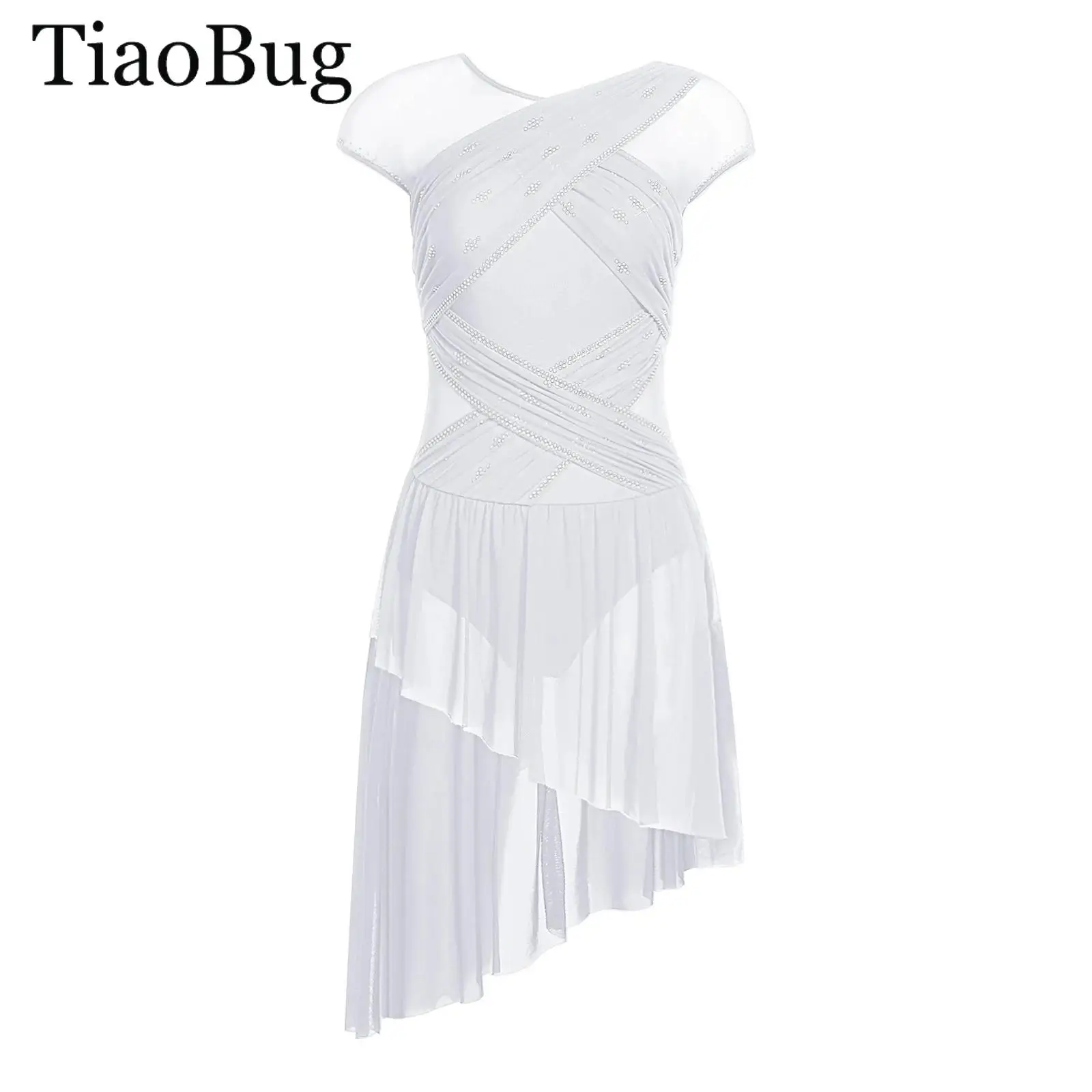 

Women Ballet Lyrical Dance Dress Sheer Mesh Irregular Hem Rhinestones Gymnastics Figure Skating Leotard Contemporary Dancewear