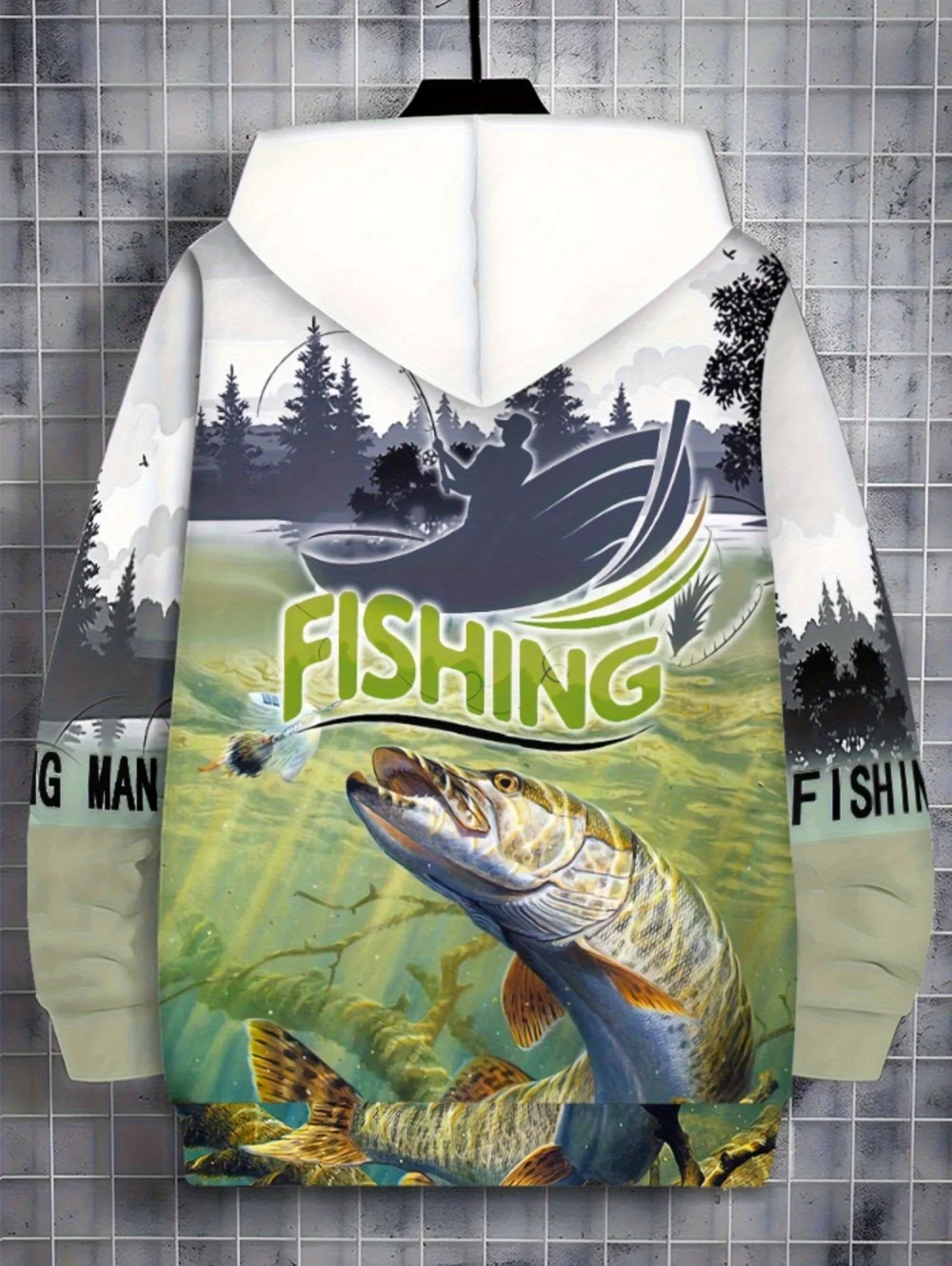 Mens Lightweight Fishing Print Hooded Zip-Up Gray Polyester Outdoor Activities Casual Multicolor Oversize Men's Sweatshirt Tops