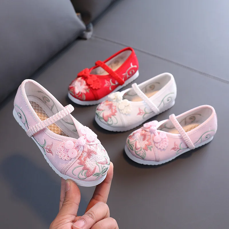 Child Shoes Chinese Style Flats Embroidery Canvas Breathable Slip On Shoes Ethnic Lightweight Rubber Sole Dancing Footwear