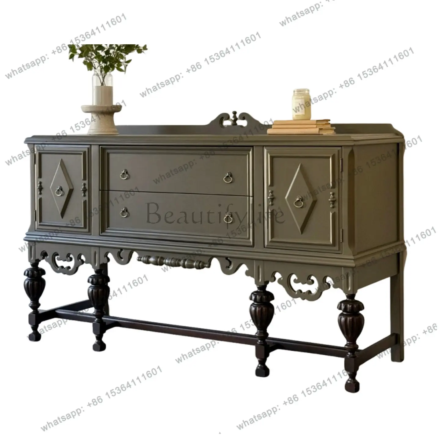 

2026 French retro entrance cabinet American solid wood carving flower and dining side cabinet household integrated