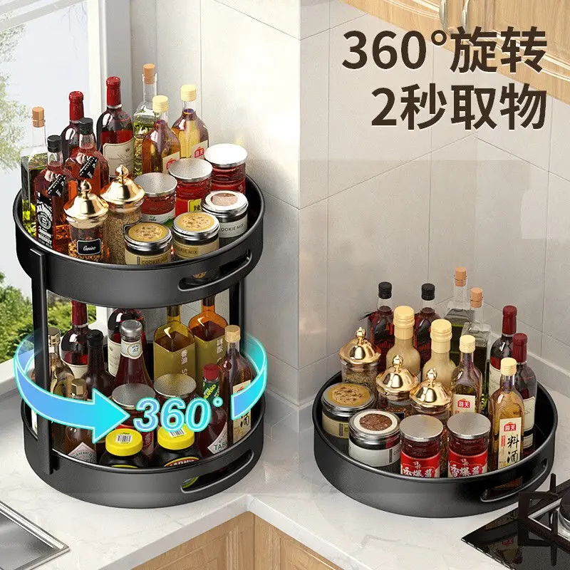 Kitchen installation free multifunctional rotating seasoning storage rack, tea cup countertop, oil, salt, sauce, vinegar, miscel