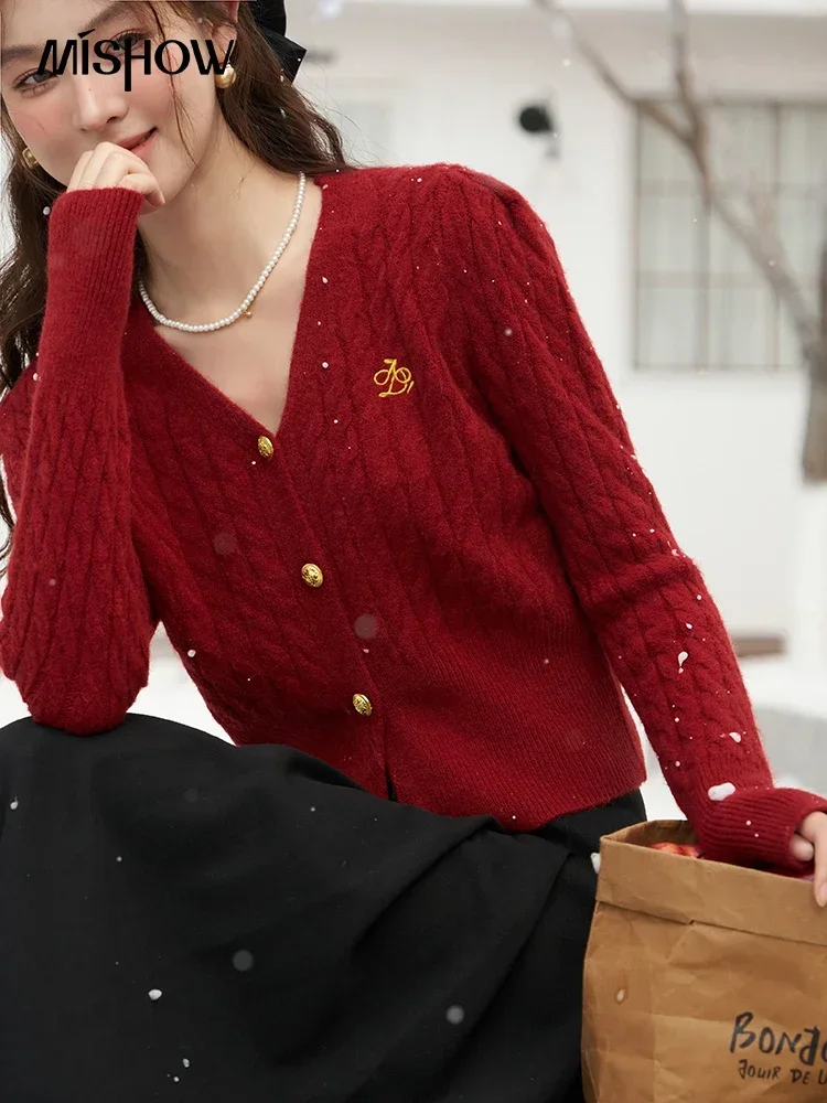 MISHOW V Neck Twist Sweater Cardigan Women 2023 Autumn Winter Knitted Graphic Crop Sweaters Tops Cherry Embroidered MXC55Z0416