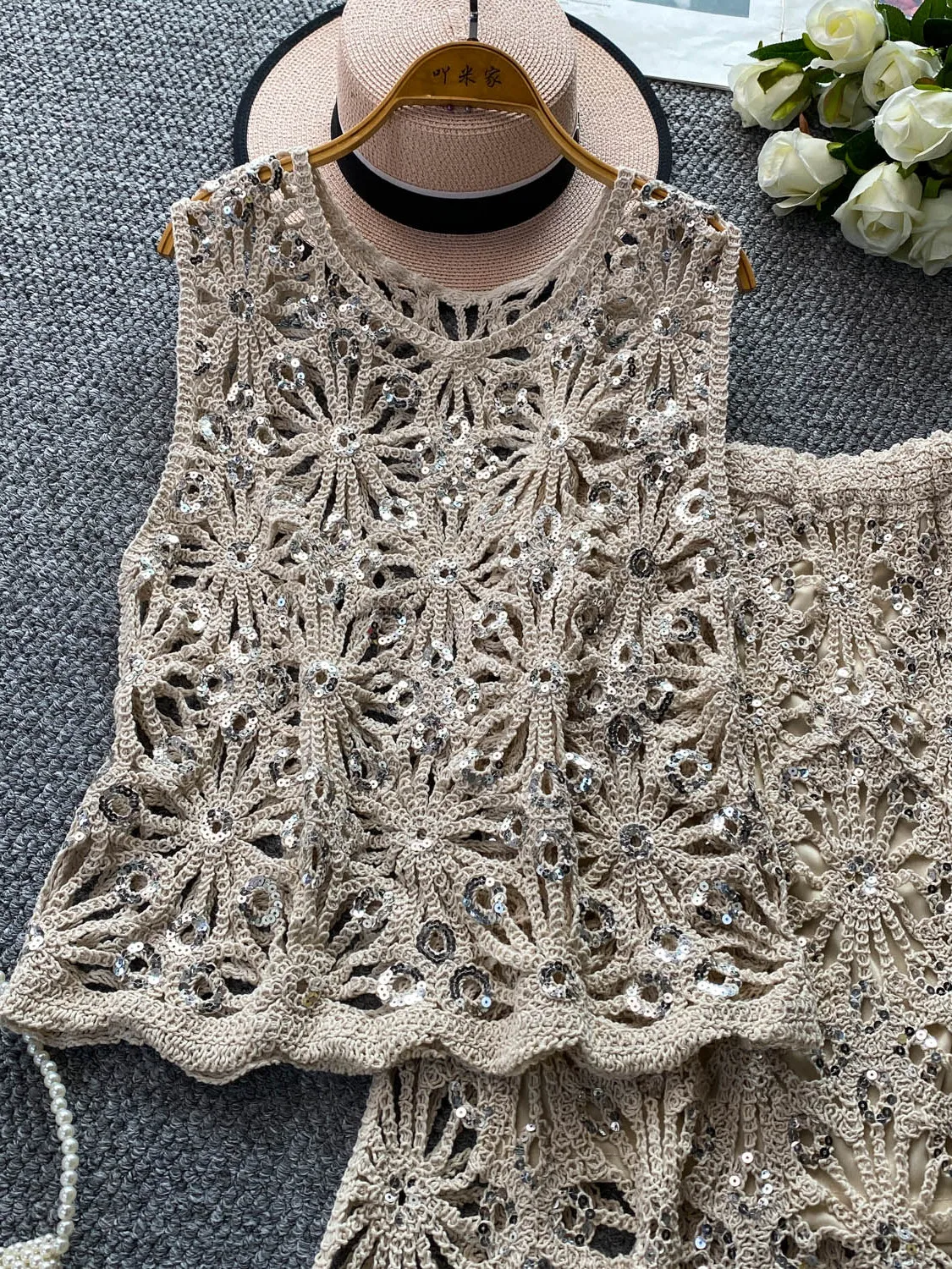 Beach Style Bohemian Knitted Hollow out Sleeveless Vest And Long Fish Tail Skirt Sequin High Waist Slimming Two Piece Set