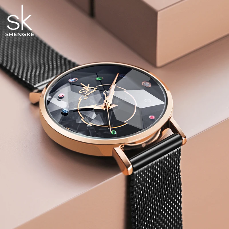 Shengke 2022 New Fashion Watch For Women Cutting Colorful Rhinestone Dial Relogio Feminino Quartz Montre Femme With Gift Box