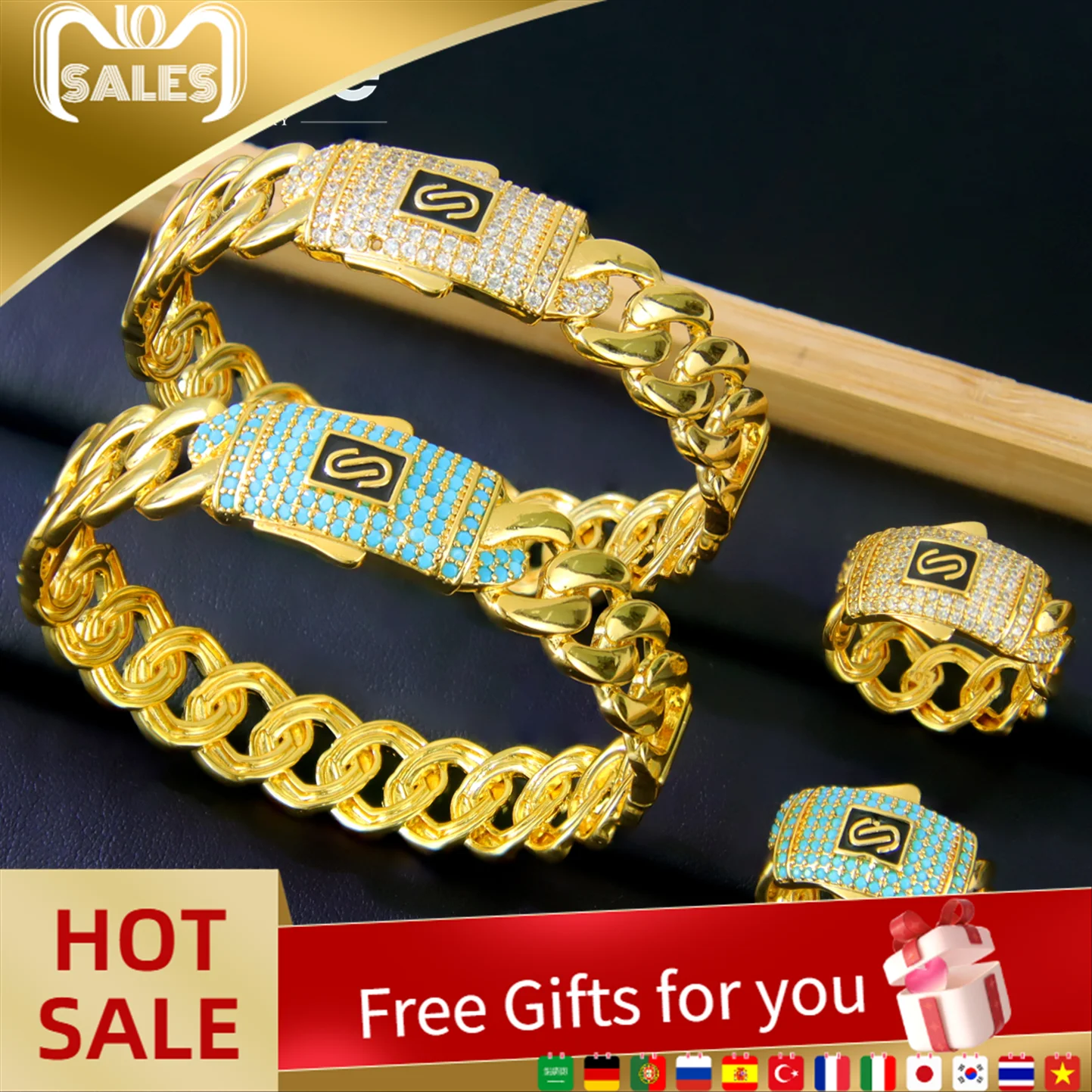 

Fashion Dubai Gold Plated Bracelet Ring Set 21k Gold Color Italian Zircon Cuff Bangles Arab Luxury Women Event Party Jewelry