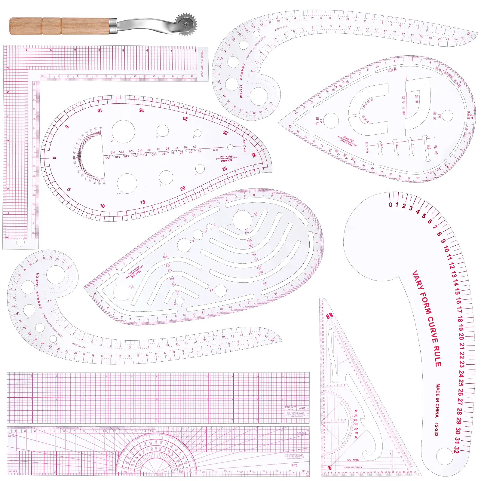 

1Set Sewing Ruler Curve Set High Precision Plastic Rulers for Fabric Cutting Hemming and Designing Sewing Products French Curve