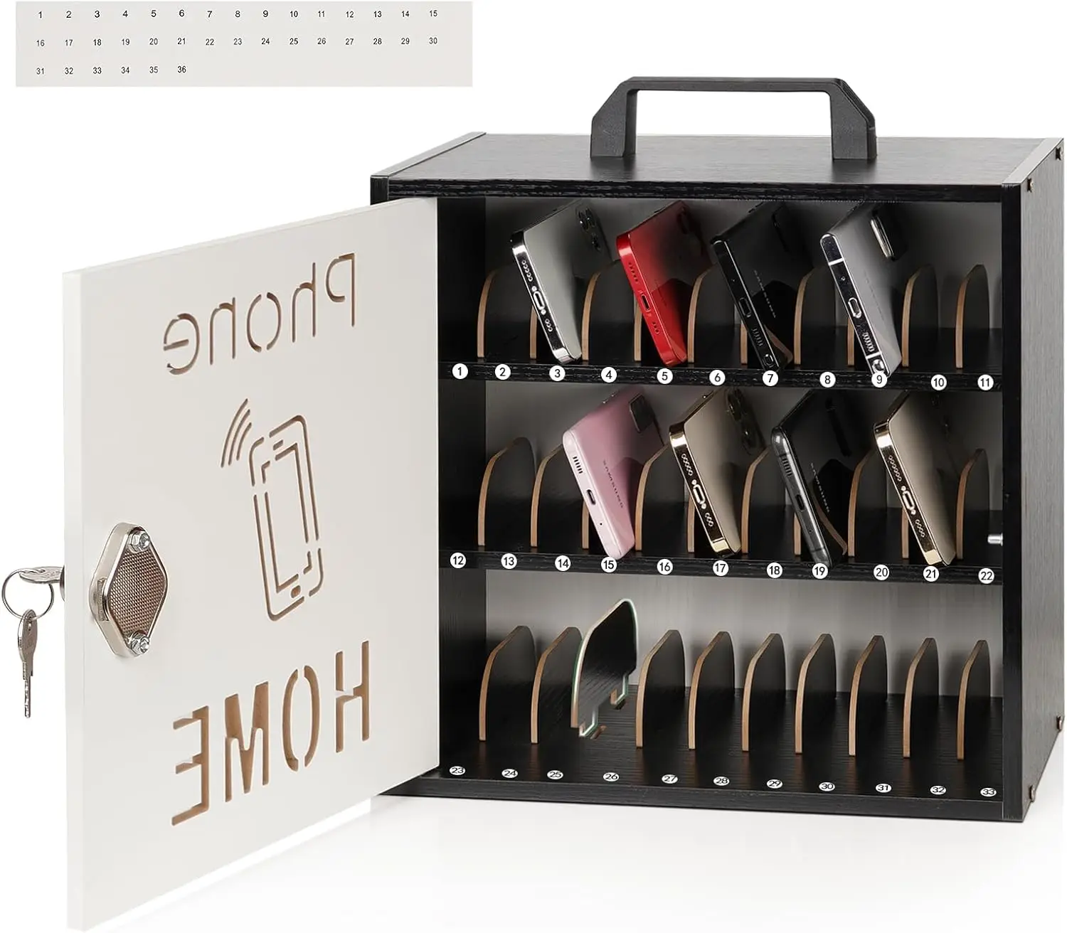 Adjustable Wooden Cell Phone Storage Cabinet with Lock, 33 Slots, Handle for Classroom Office Use