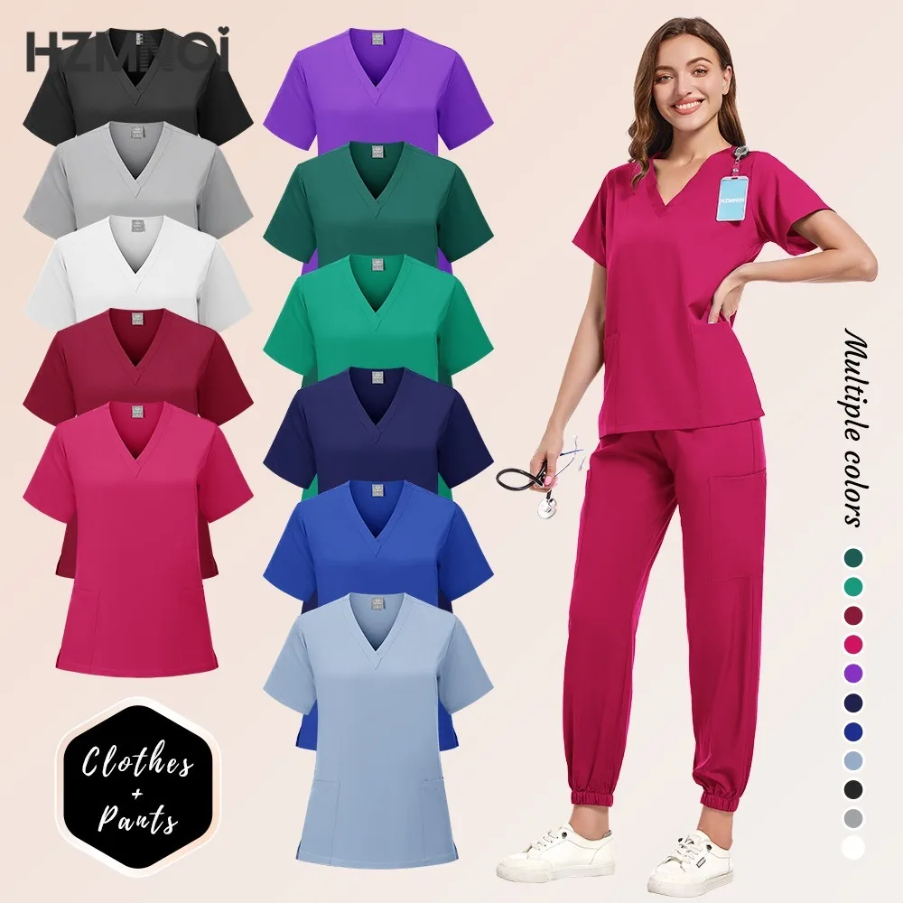 

Stretch Scrub Set Medical Uniform Health Service Scrub Tops with Pocket Pants Beauty Salon Workwear Surgery Doctor Nurse Unifor