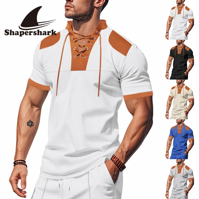 Shapershark’s Latest Summer Men’s Retro Lace-Up V-Neck, Stylish, Casual, Multicolored Short-Sleeved T-Shirt for Men