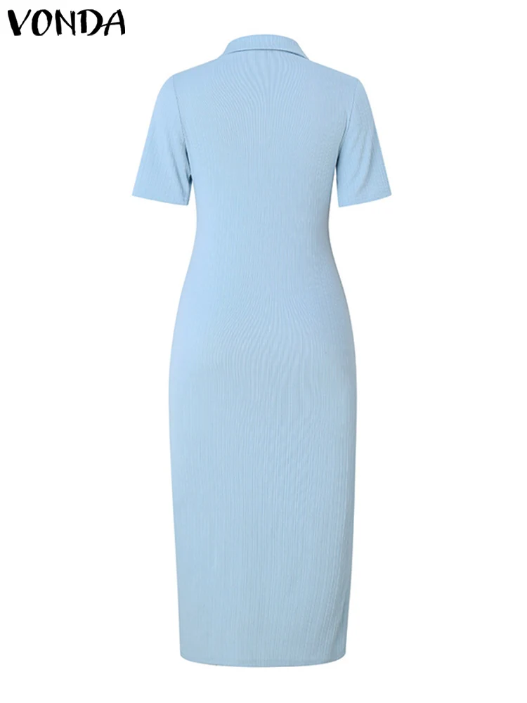 VONDA レディース マキシ丈ワンピース 2025 夏 無地 半袖 カジュアル スリット入りワンピース エレガント オフィスレディー ロングシャツワンピース サマードレス