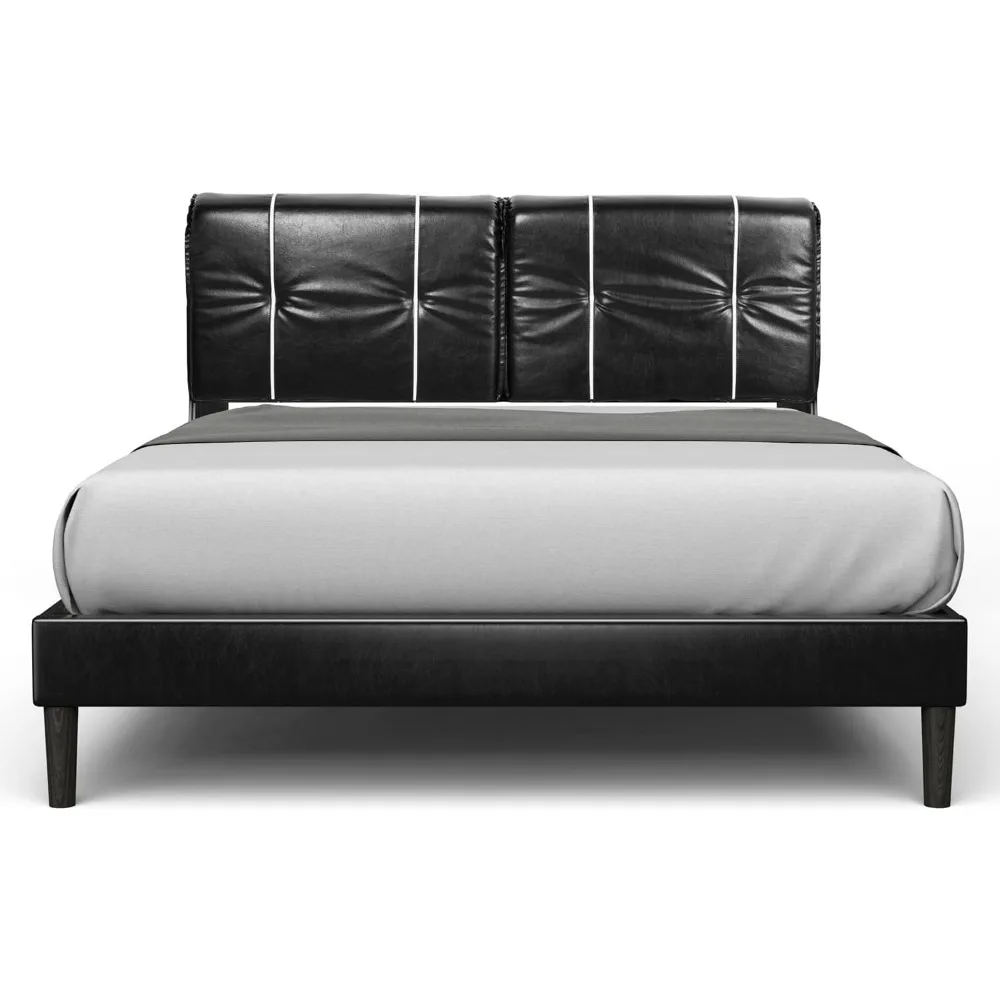 

Queen Size Bed Frame Upholstered Low Profile Modern Platform Bed with Faux Leather Headboard/No Box Spring Needed/No Bed