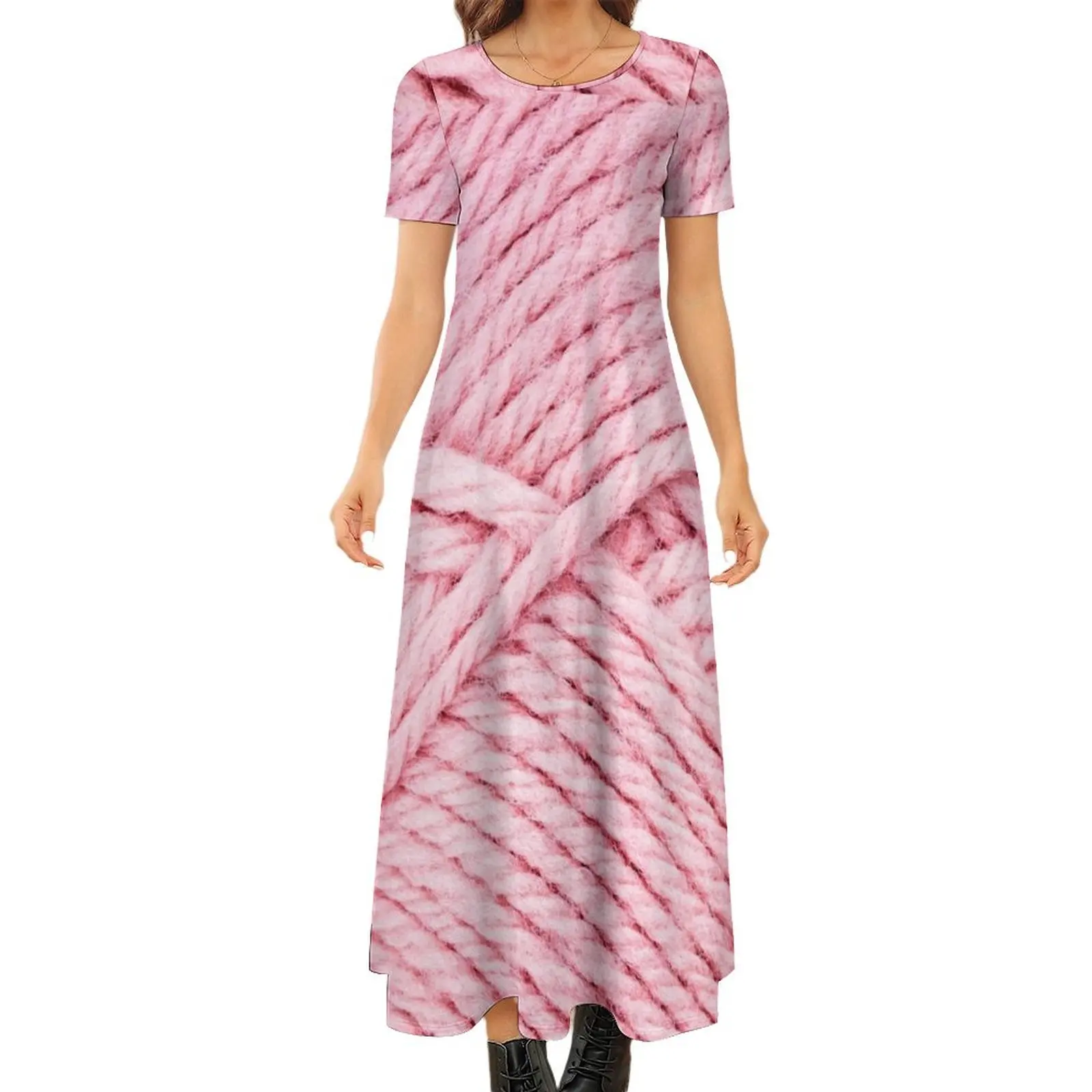 

Pink Yarn Round Neck Short Sleeve Dress party dresses woman Women"s summer dress evening dress women