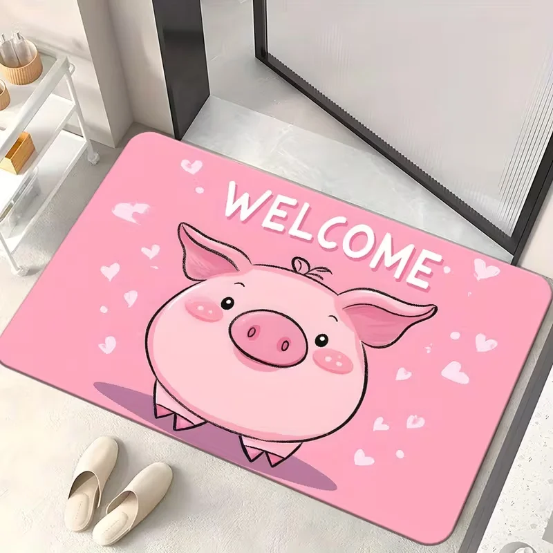 Cute Pink Cartoon Pig Welcome Letter Doormat Heart Print Non Slip Front Door Mat Indoor Entrance Welcome Rug