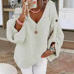 Elegant V-neck Warm Pullover Sweaters Autumn Winter Casual Long Sleeve Button Jumpers Tops Fashion Commuter Loose Women Knitted