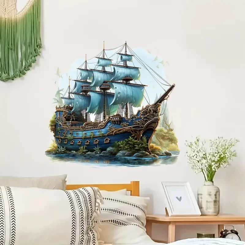 Blue Sailboat Wall Decal, Contemporary Style, Vinyl Material,  Self-Adhesive, Irregular Shape, Suitable for Living Room, Bedroom