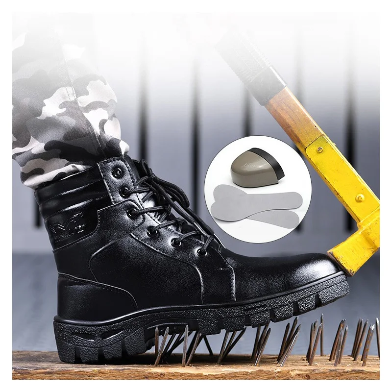 high-grade mens fashion worker safety boots genuine leather steel toe caps shoes working boot black platform security ankle bota