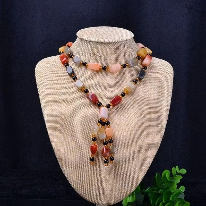 

Xinjiang necklace, ethnic style sweater chain, rose flower ornament, golden silk jade obs