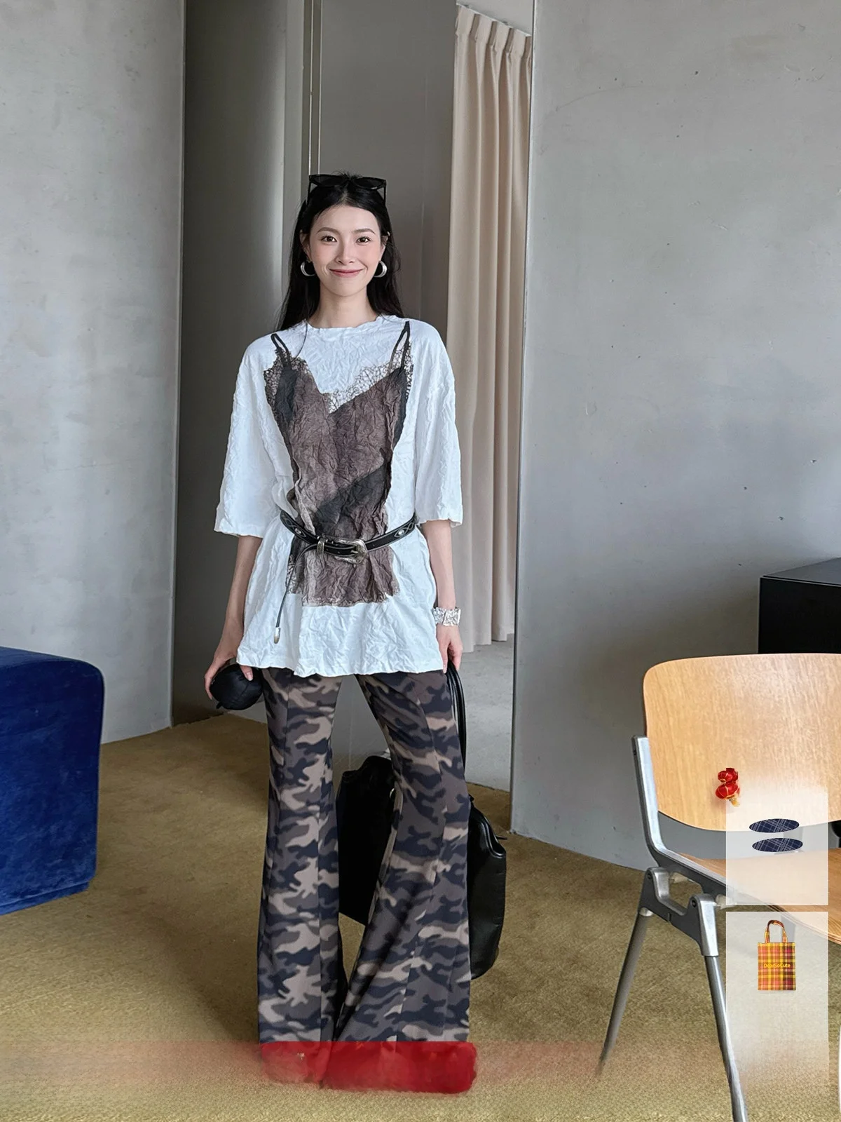 

Брюки-клеш из полиэстера и спандекса с камуфляжным принтом, прямые, на резинке, весна-лето, модные, удлиненные