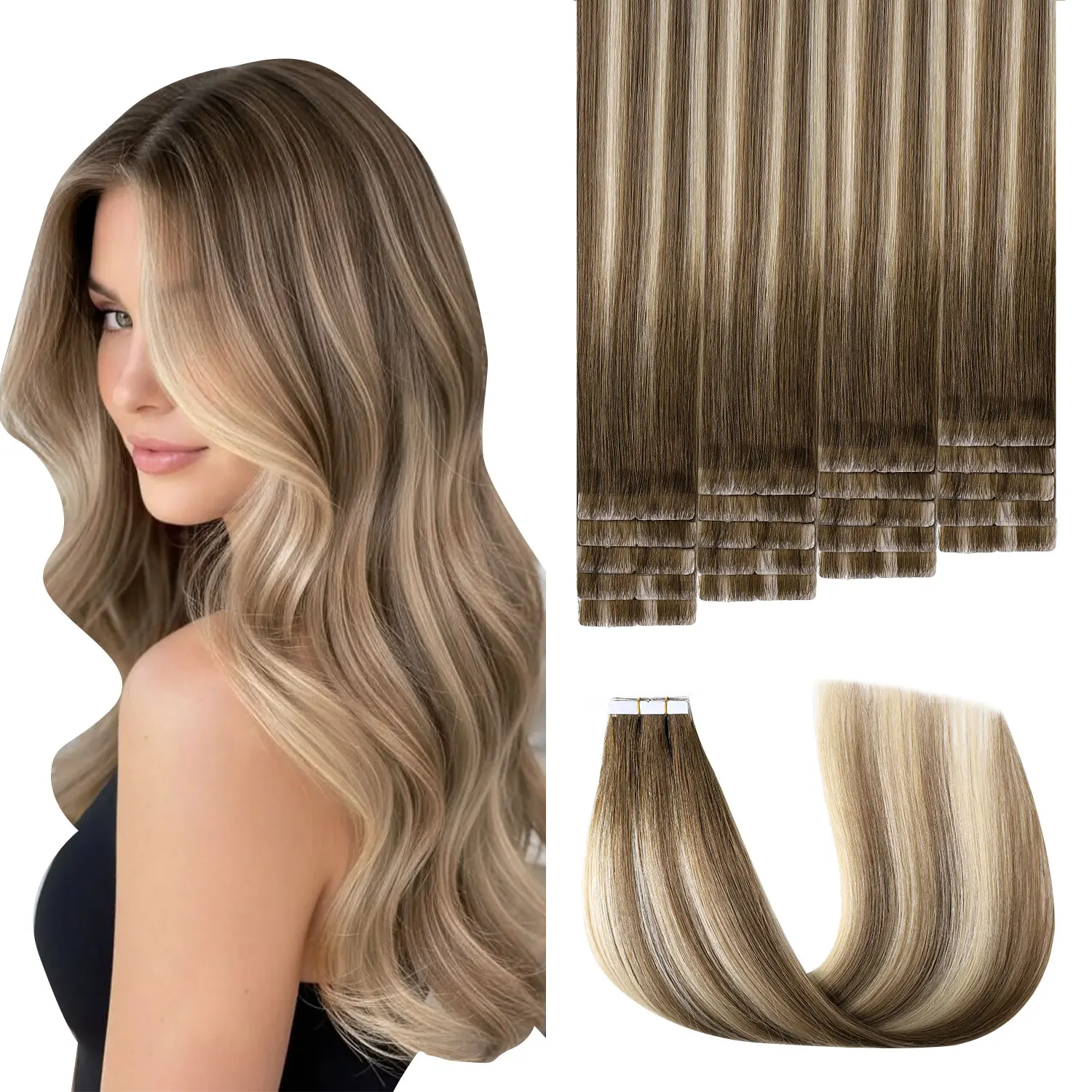 Invisible Tape in Hair Extensions Real Human Hair #3/8/22 Walnut Brown to Ash Brown and Golden Blonde 20pcs Tape ins Extensions