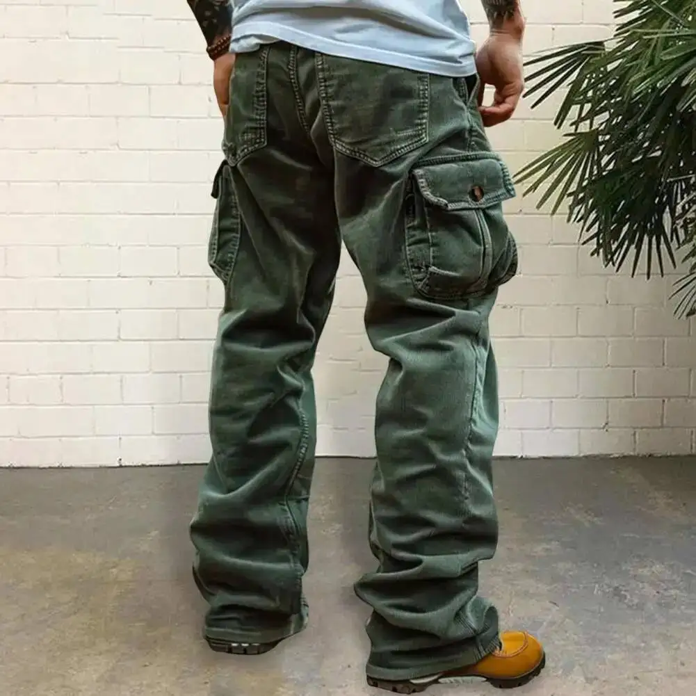 

Men Retro Style Men's Corduroy Cargo Pants With Multiple Pockets Mid-Rise Solid Color Trousers For Wear Long