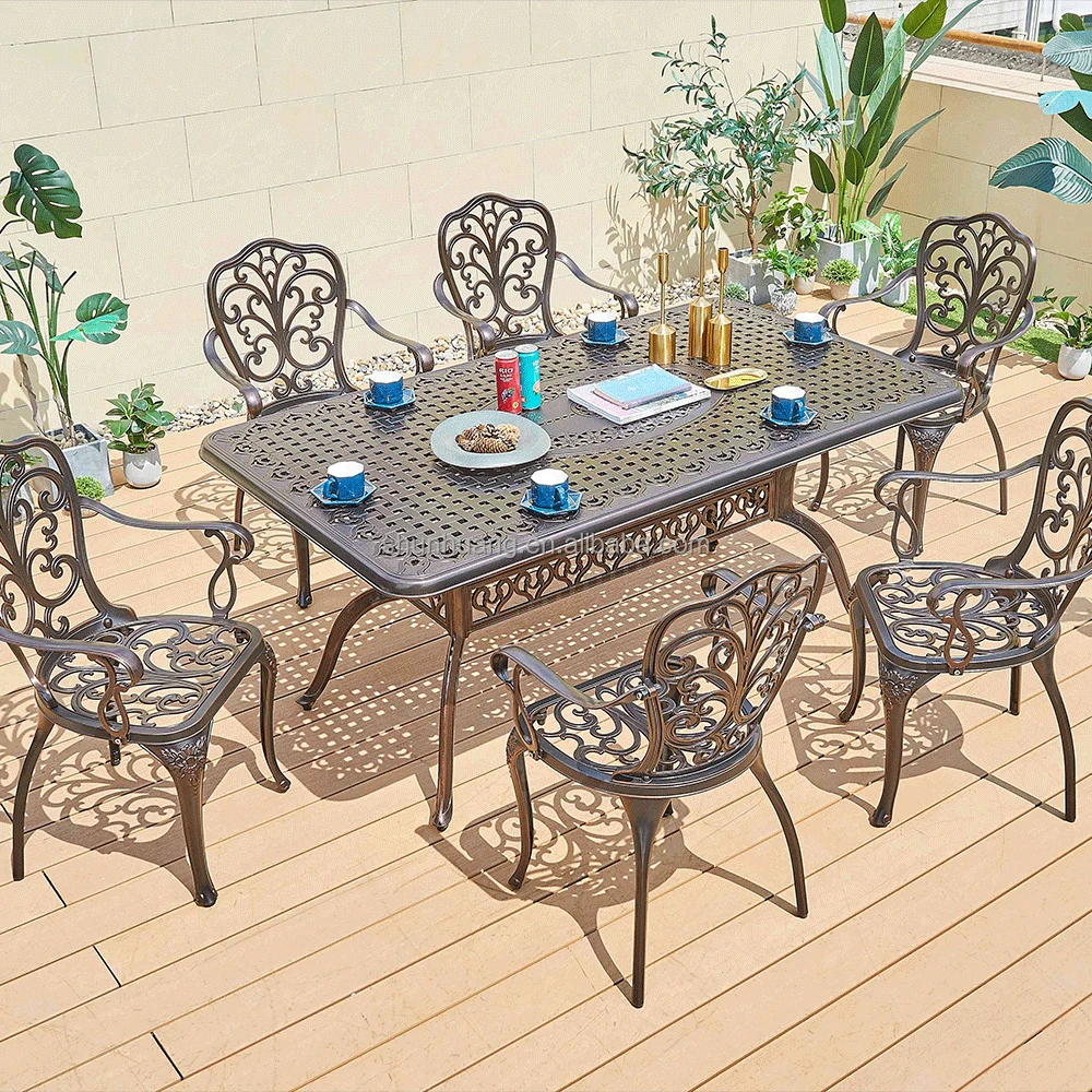 Top Quality Cast Aluminum Garden Metal Furniture Dining Sets With Square Table
