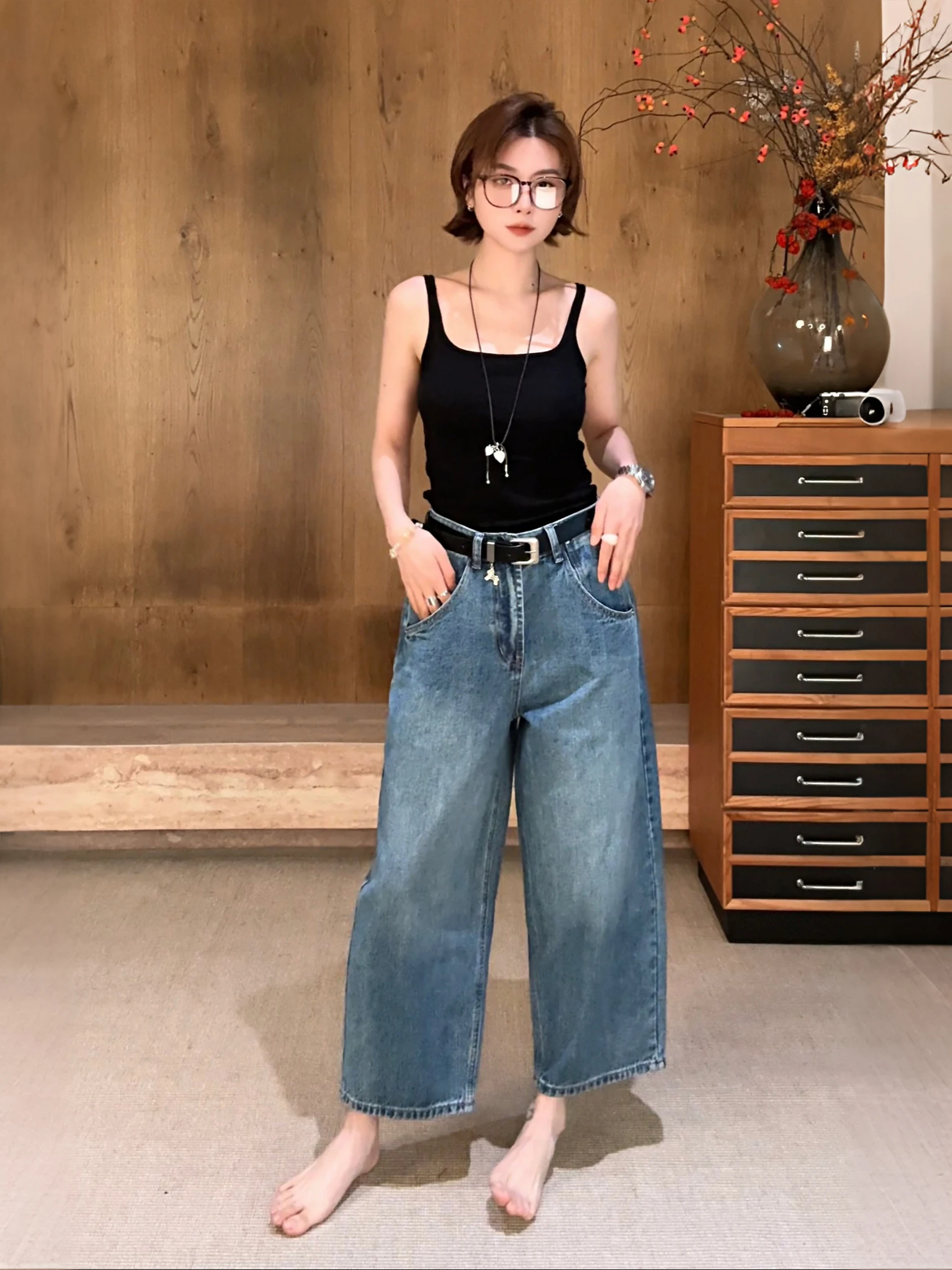 

Джинсы из выстиранного денима с высокой талией, универсальные, стройнящие, минималистичные, прямого кроя, Yorkline, новый стиль, женские повседневные джинсы со средней посадкой