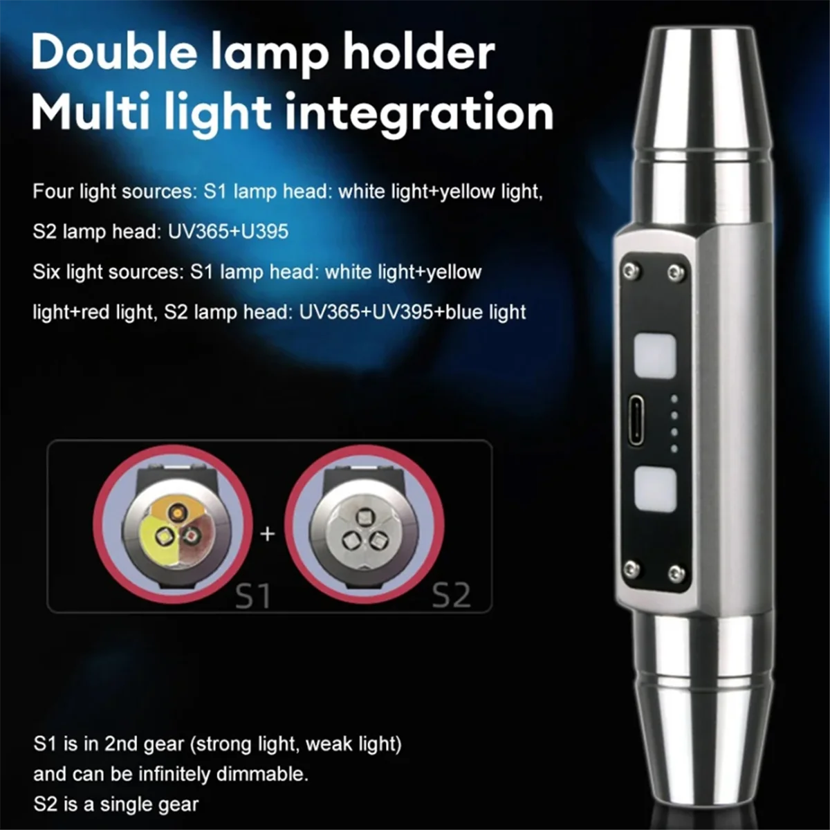 

PA-Double Jade Flashlight 6 Light Source USB Direct Charging Identification Jewelry Jade Fluorescent Lamp,