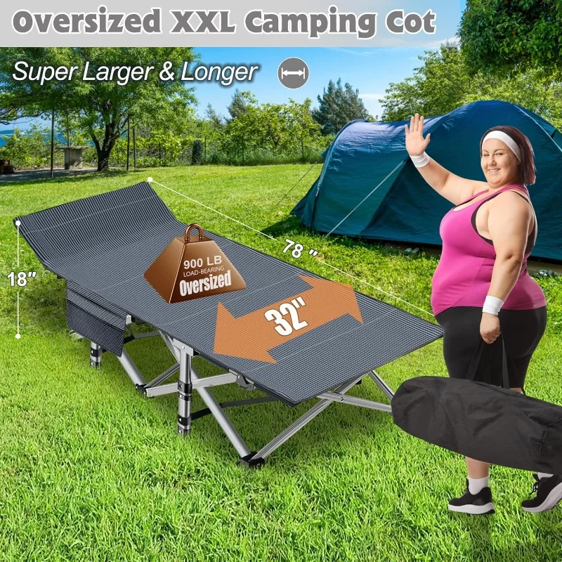 

Oversized XXL Folding Camping Cot W/Mat for Adults, 78" L x 32" W x 18" H Heavy Duty Outdoor Bed with Carry Bag,1200 D La