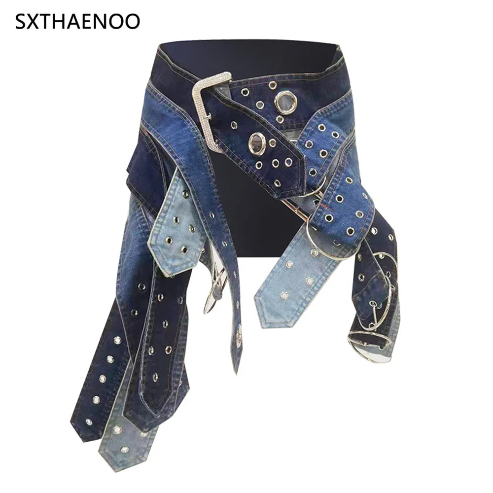 

SXTHAENOO женская джинсовая юбка с низкой талией, нерегулярные несколько ремней, крутые мини-юбки трапециевидной формы, новинка лета 2023 г.