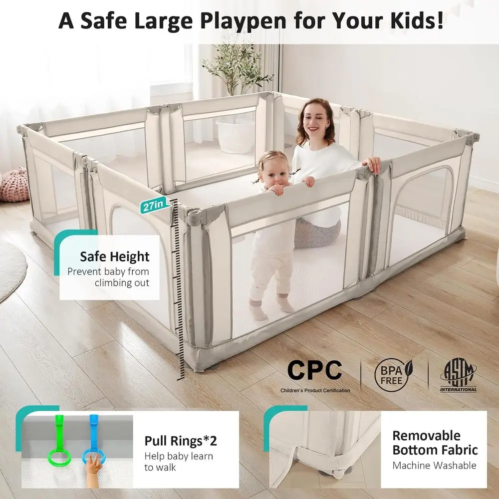 روضة أطفال كبيرة قابلة للتعديل للرضع والأطفال الصغار، مركز لعب داخلي/خارجي قابل للطي مع شبكة قابلة للتنفس، كريمي، 79 × 71 بوصة