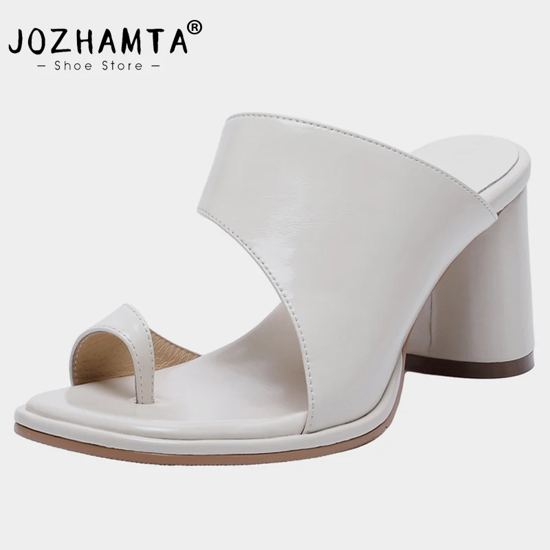 

JOZHAMTA Size 33-40 Women Slides Sandals Leather Chunky High Heels Shoes Woman Summer 2023 Flip Flops Fashion Slippers Clip Toe