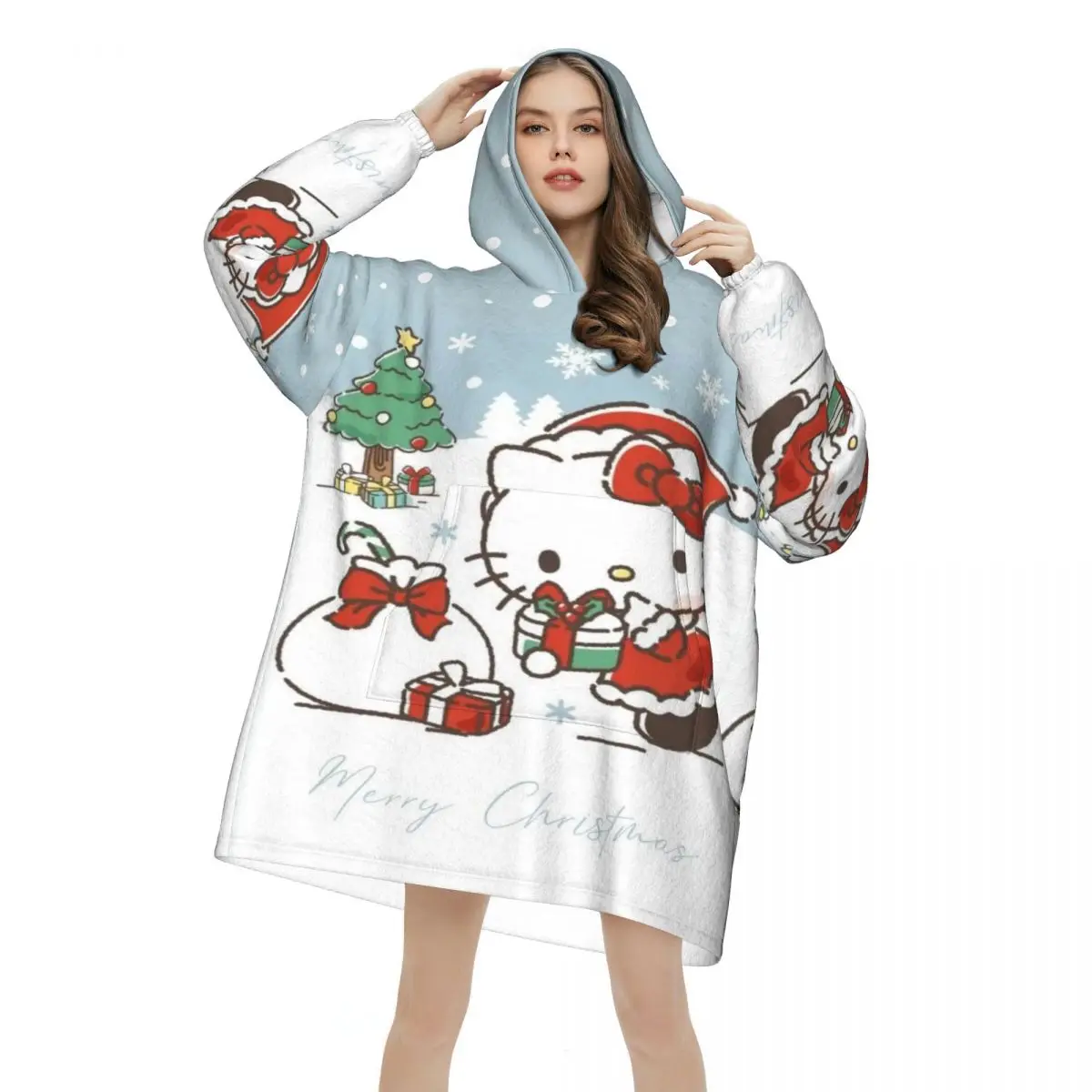 ハローキティ クリスマス 冬 雪柄 オーバーサイズ ブランケット パーカー スウェットシャツ ロング フリース フード付き ウェアブルブランケット 大きなポケット付き