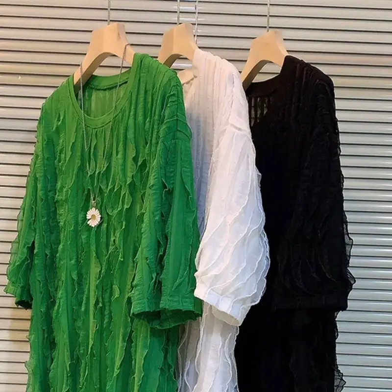 حجم كبير المرأة الصيف نمط جديد الدهون فتاة تبدو ضئيلة يخفي اللحم تبدو عصرية الحد من العمر بلوزة فضفاضة بسيطة