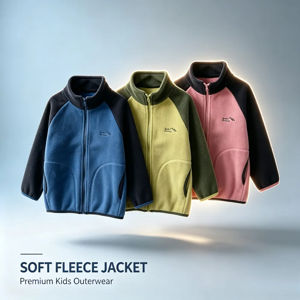 Kids Raglan Sleeve Fleece Jacket Stand Collar Warm Zip Up Coat Boys Girls Windproof Outerwear School Winter Outdoor Activities