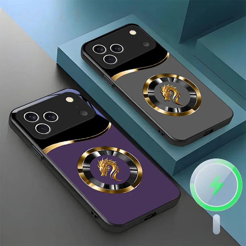 Funda Magnética de Vidrio para iPhone 17 Pro MAX AIR, con Anillo Negro y Textura de Dragón Dorado