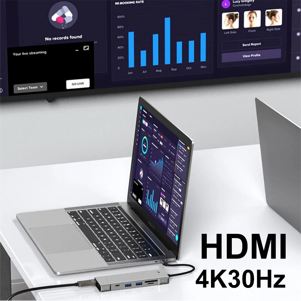 FEIWIMI M.2 SSD Hub 8 Ports USB C Docking Station Type C to HDMI 4K60Hz USB3.2 10Gbps PD100W Adapter For Laptop Macbook Pro