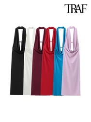 TRAF-Women's Draped Halter Midi Dress, Plunging Cowl Neck, Backless, Party, Female Dresses, Sexy Fashion