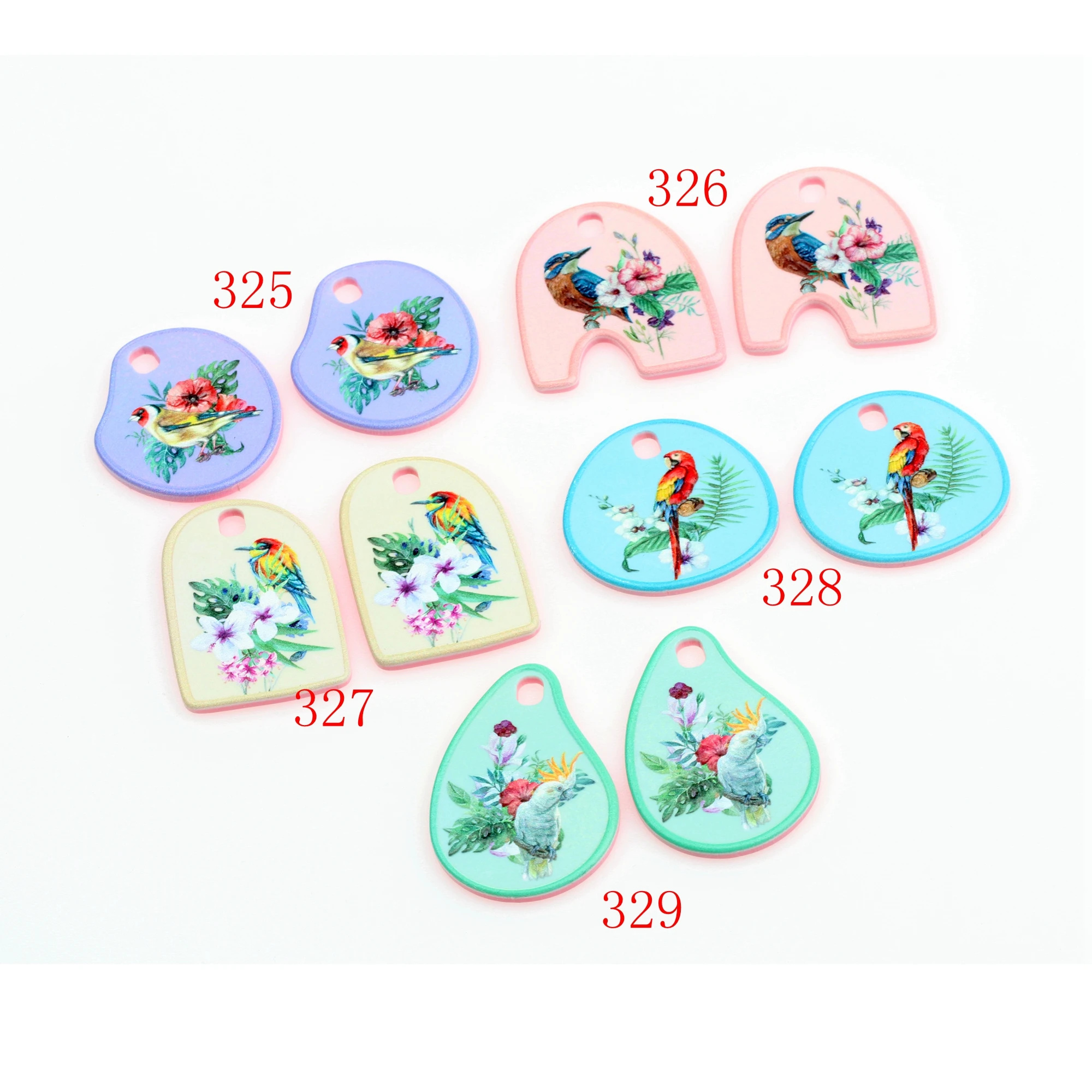 6pcs Printed Acrylic Charms,Geometry Flat Pendant,Bird Pattern Earring Parts,Earrings Findings,Jewelry Supplie ,ACL325-329