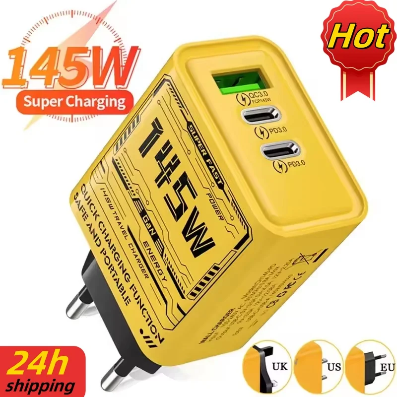 Adaptateur de charge rapide pour iPhone, Samsung, Huawei, chargeur rapide 145W, PD USB, prise murale 3 ports EU, US, UK, 2024