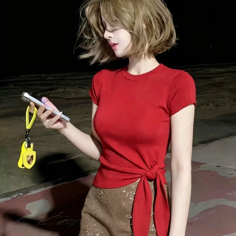 Sexy Short Sleeve Irregular Bandage Solid Pullovers Top Women Clothing Simplicity Youth Trend T Shirts Korean Fashion Summer New