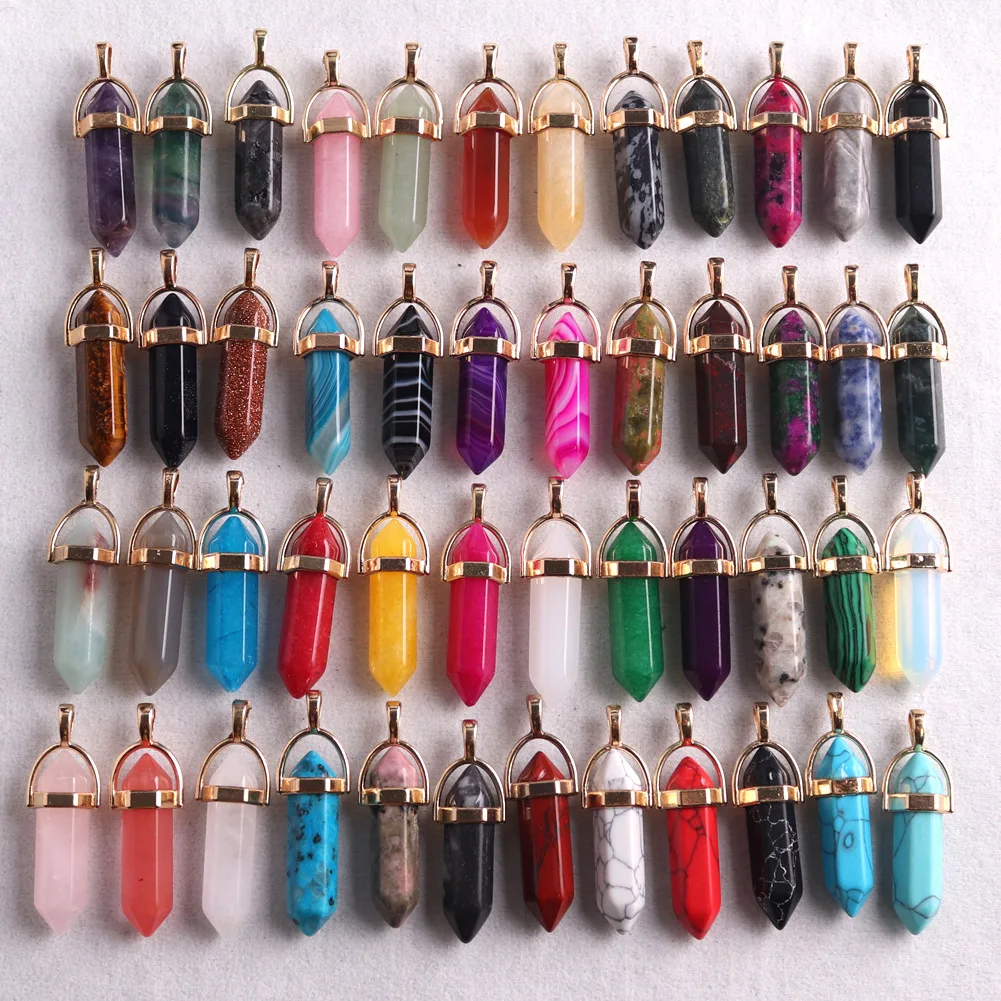 50pcs Natural Stone Hexagonal Column Pendant Agate Quartz Bullet Shape Point Crystal Stone Charm for Necklace Jewelry