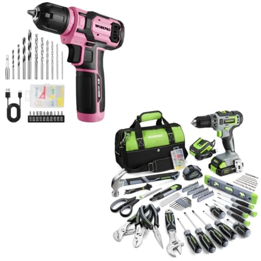 

Набор инструментов для дома из 157 предметов с дрелью 20В (зеленый) и набор аккумуляторных дрелей-шуруповертов WORKPRO 8В с набором из 53 насадок (розовый)