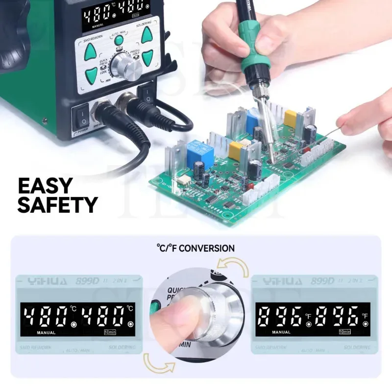 YIHUA 899D-II One Button Turns Hot to Cool Air New Upgraded Nozzle Easy Plug-pull 2 IN 1 Hot Air Rework Soldering Iron Station