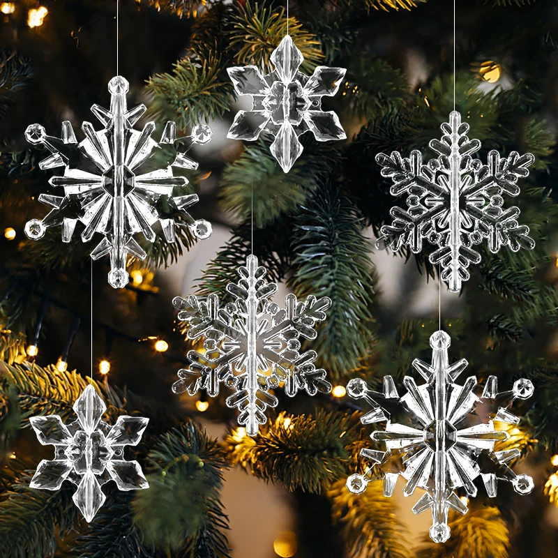 

10pcs Crystal Snowflake Christmas Ornament Acrylic Transparent Snowflake Pendant New Year Party DIY Xmas Tree Hanging Decoration