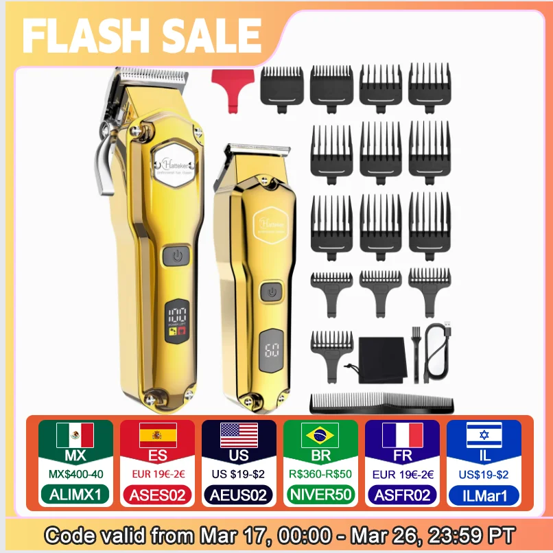 HATTEKER-Tondeuses à cheveux professionnelles pour hommes, ensemble de tondeuses et tondeuses de barbier en métal sans fil, kit de coupe de cheveux