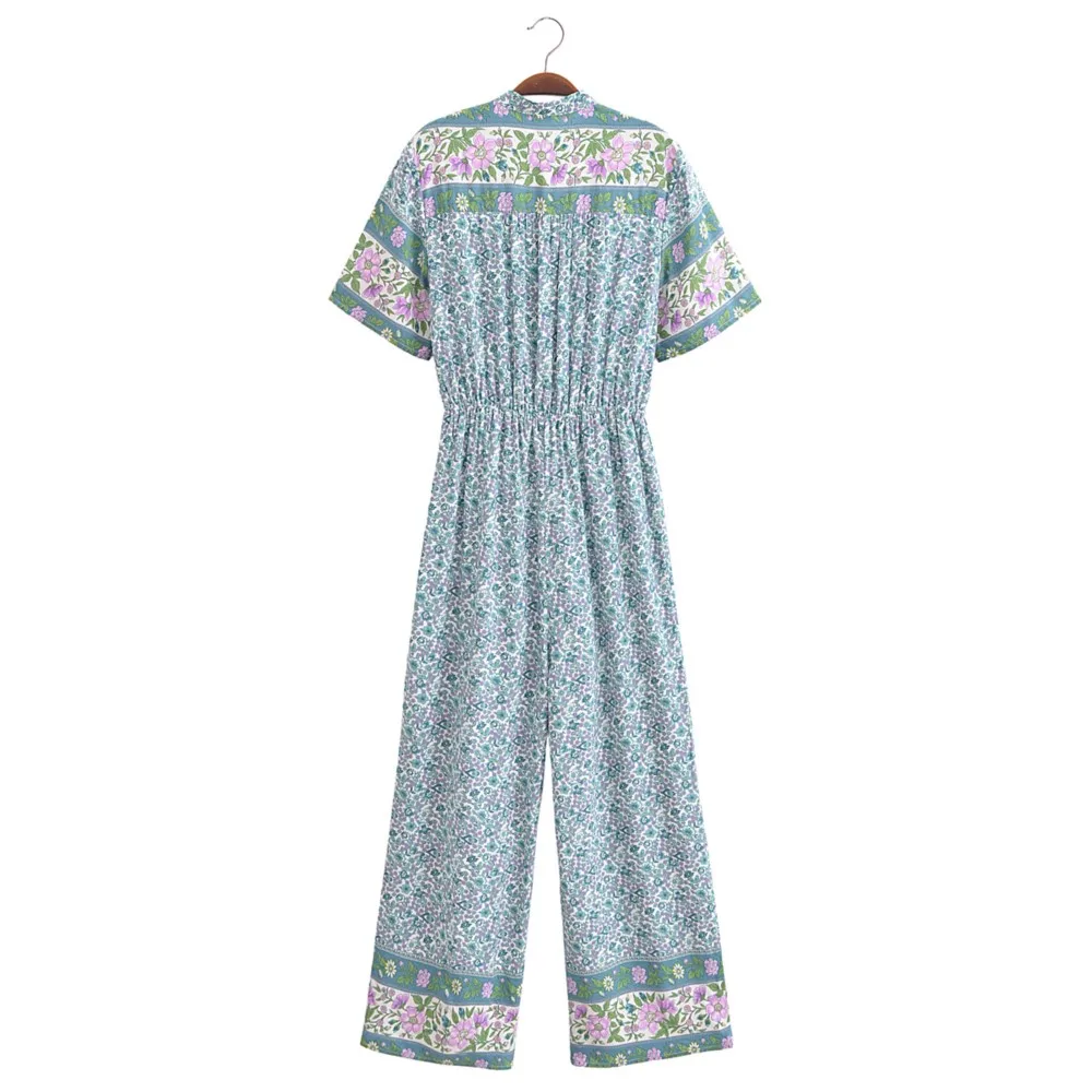 2024 BOHO Open Button V neck Flower Print Jumpsuits Women Lacing up Adjusted Bow Tassel Waist Long Playsuits Romper Holiday