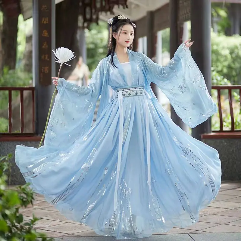 Vestido de baile de escenario bordado tradicional chino para mujer, disfraz de Cosplay de Hada, Hanfu azul, nuevo, 2022