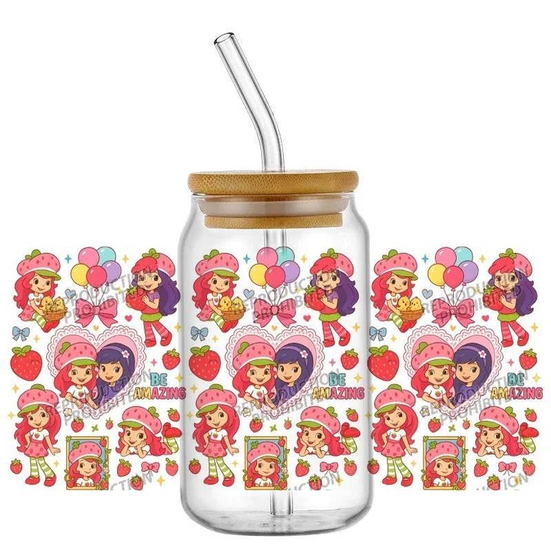 Cartoon Fruit Girl Design UV DTF Cup Wraps, 3D DIY Transfer Decals Tumbler Seal Stickers for 16oz Libbey Glass Can, Home Decor