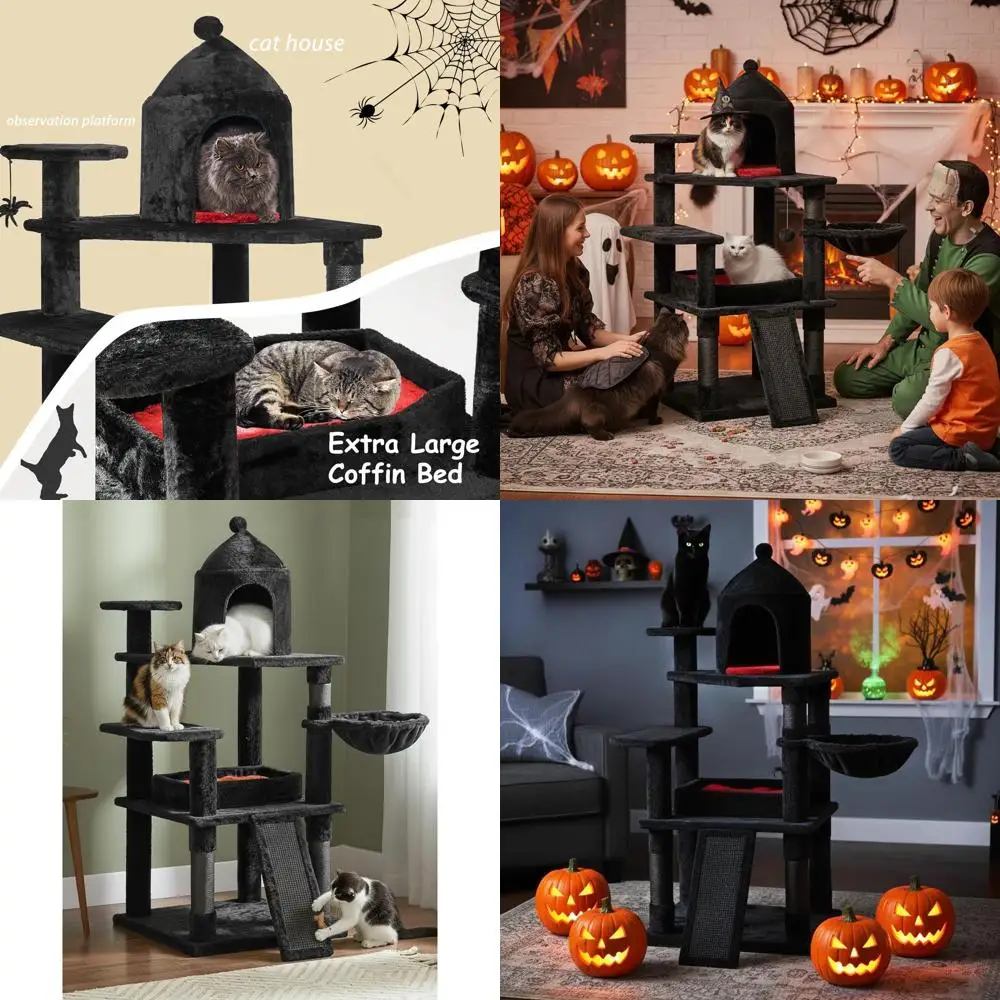 

Gothic-Style Large Cat Tree with Coffin Bed and Scratching Post for Halloween, Suitable for Adult Cats and Kittens, Black with R