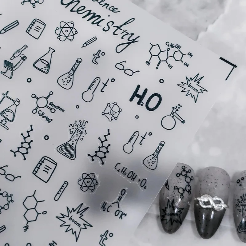 Chemistry Elements 5D Self Adhesive Nail Art Stickers White Moon Stars Cloud Butterfly Transparent Manicure Decals Wholesale